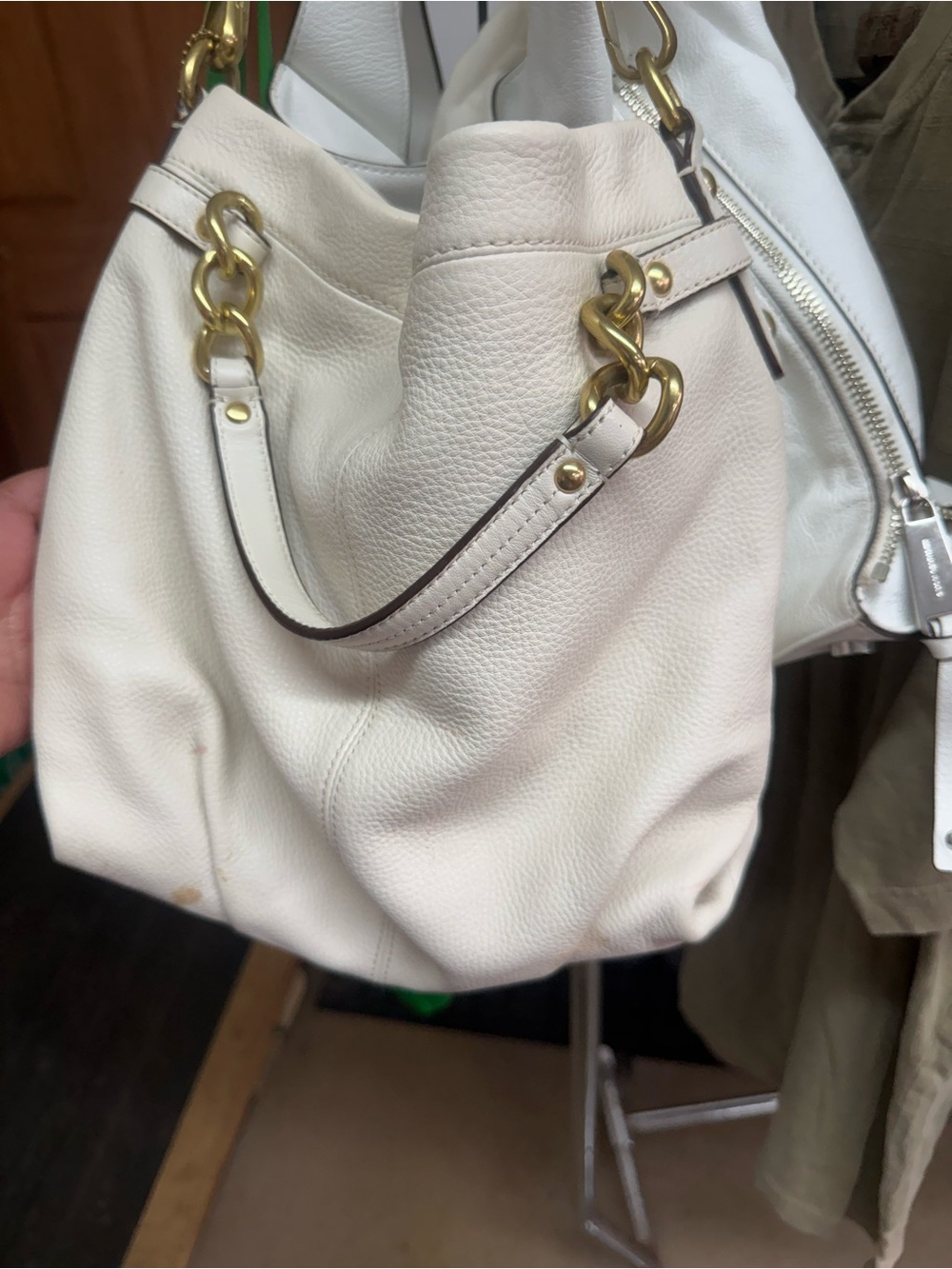 Coach Cream Leather Shoulder Bag with Gold Chain Hardware